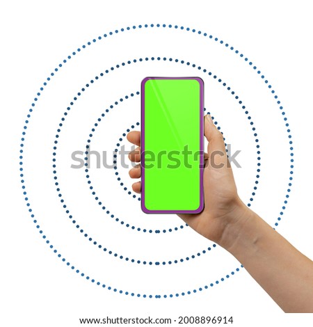 Female hand holding smartphone with wi-fi connection against white background