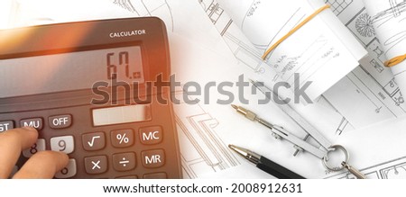 Banner man calculating the cost of architect design working, background of drawing sketch plans blueprint