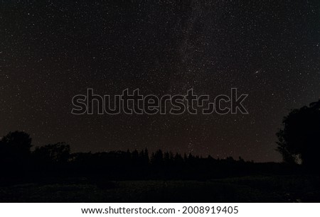Silhouettes of trees with night sky and many stars - region near constellation Cassiopeia with Andromeda galaxy visible