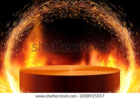 Fiery podium for cooking or food product presentation. Advertising concept.