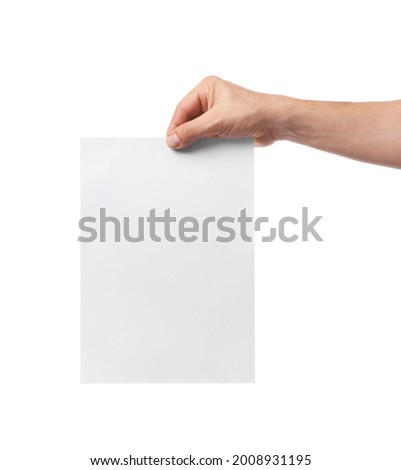 Male hand with blank paper on white background