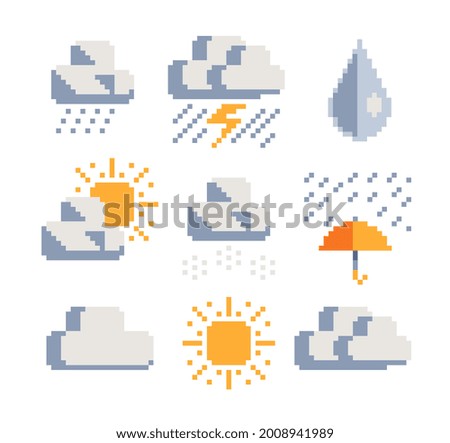Weather symbols web icons pixel art set. Humidity, snow, rain and storms. Contains such icon as clouds, cloud cover and sun. Design for mobile app, sticker, logo. Game assets 8-bit. Isolated vector.