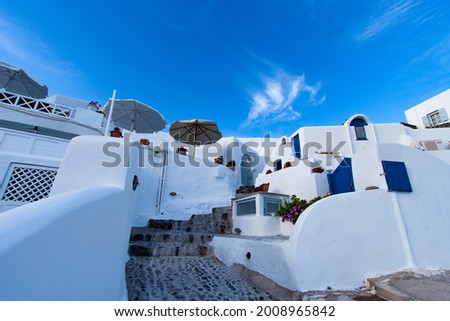 Scenery of Santorini, Greece, one of the Cyclades islands in the Aegean Sea, there are the whitewashed, cubiform houses of its 2 principal towns. Royalty-Free Stock Photo #2008965842