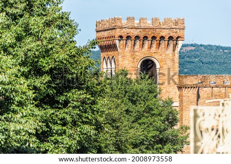 Perugia, Umbria, Italy view of stone old historic fortress tower in town village city in summer landscape