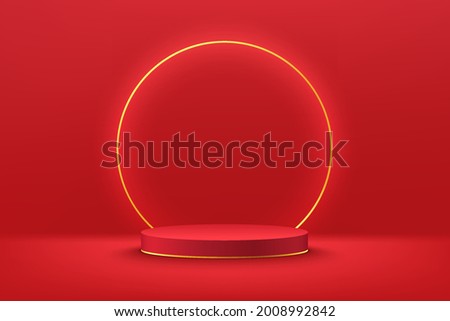 Abstract 3D red cylinder pedestal or podium with glowing gold neon ring. Dark red minimal wall scene for cosmetics product display presentation. Vector rendering geometric platform design.