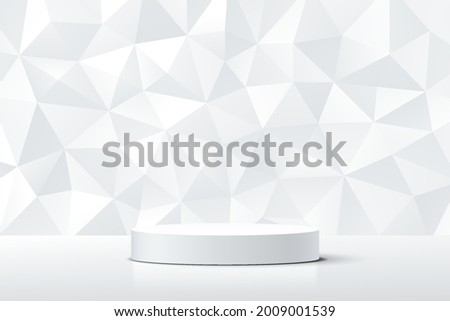 Abstract 3D white cylinder pedestal podium with white diamond texture wall scene. Low polygon background. Vector rendering minimal geometric platform design for luxury product display presentation.