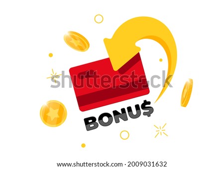 Bonus cashback income loyalty program sign concept. Credit or debit plastic card with returned coins to bank account. Refund money service design. Points cash back symbol vector isolated illustration Royalty-Free Stock Photo #2009031632