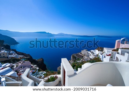 Scenery of blue sea and sky at Santorini, Greece, one of the Cyclades islands in the Aegean Sea, there are the whitewashed, cubiform houses of its 2 principal towns. Royalty-Free Stock Photo #2009031716