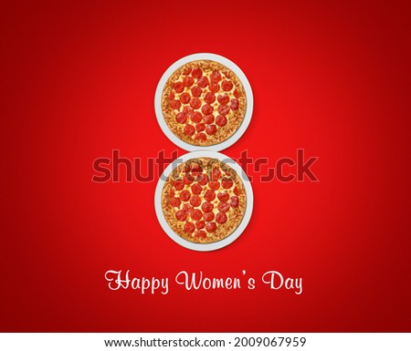 International women's day concept. Women's day 8 march isolated with two pizzas. Restaurant ad concept.