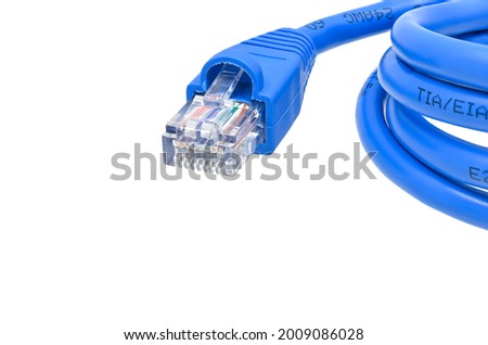 colorful blue LAN cable on white background closeup