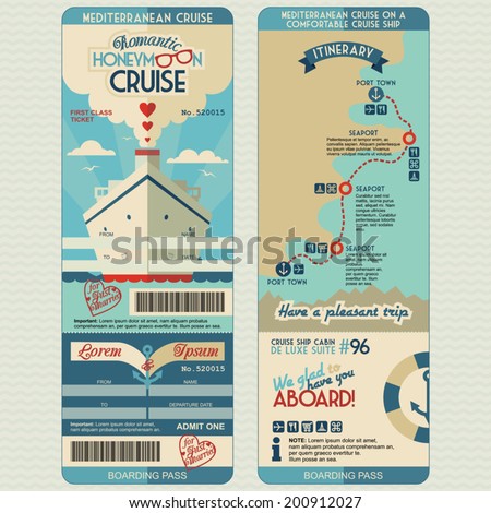 Honeymoon cruise boarding pass for just married. Flat graphic design template, face and back side