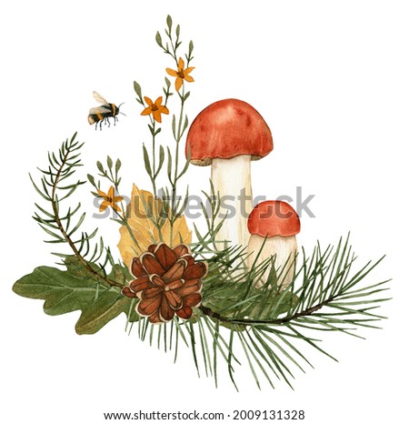 Watercolor mushroom fall composition clipart with pine branches, pinecone, yellow flowers, bumble bee, autumn clip art for thanksgiving greeting cards, invitations