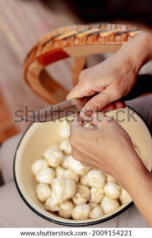 Elderly woman in the kitchen cuts garlic with a kitchen knife, top view. Work in the kitchen, cooking