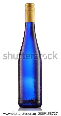 blue glass wine bottle on white background