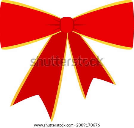 Decorative festive red bow with yellow edging. Icon for greeting cards, certificates and invitations for birthday, wedding, celebration. Flat vector illustration.