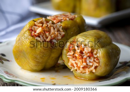 Traditional delicious Turkish food; stuffed bell peppers with meat (Turkish name; Etli biber dolmasi) Royalty-Free Stock Photo #2009180366