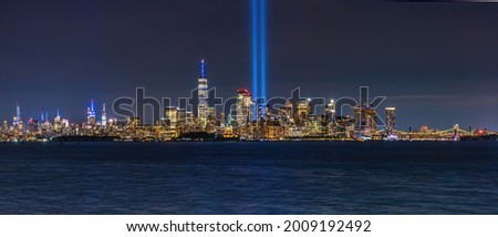 NYC Skyline with the tribute in lights  Royalty-Free Stock Photo #2009192492