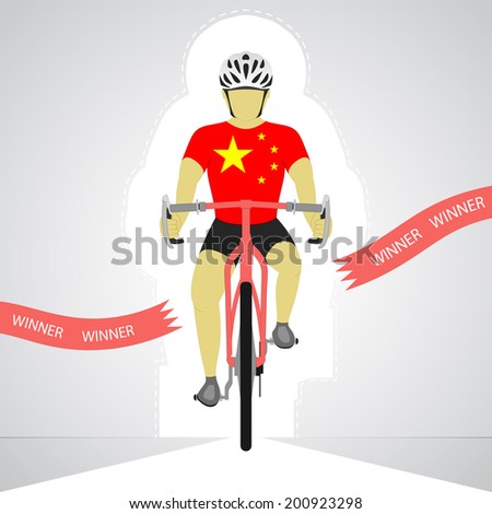 Chinese cyclist in front view crossing red finish line vector isolated illustration