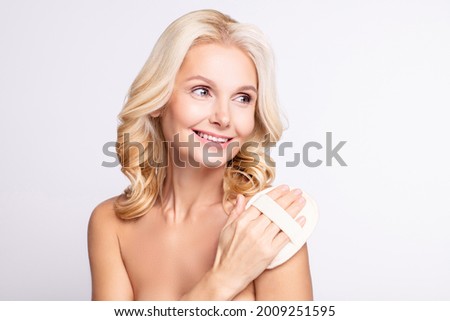 Photo of attractive aged woman happy positive smile detox scrub peeling spa therapy isolated over grey color background