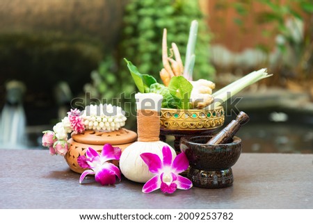 Spa massage compress balls, herbal ball on the wooden with treaments spa , Thailand, select focus
 Royalty-Free Stock Photo #2009253782