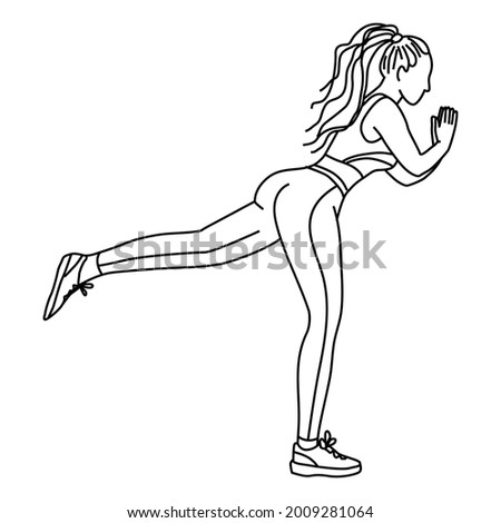 The girl does sports exercises for a healthy lifestyle. Vector illustration hand-drawn by a contour.