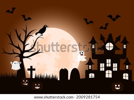 Halloween Night Party Landing Page Illustration With Witch, Haunted House, Pumpkins, Bats and Full Moon. For Background, Banner, Wallpaper, or Brochure