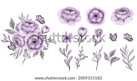 beautiful floral purple isolated leaf and flower watercolor clip-art 
