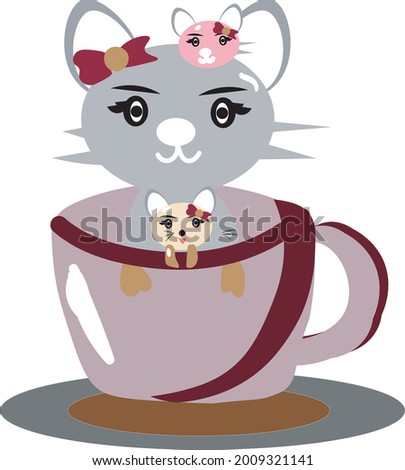 A mother cat with two kittens lives in a cup of coffee.