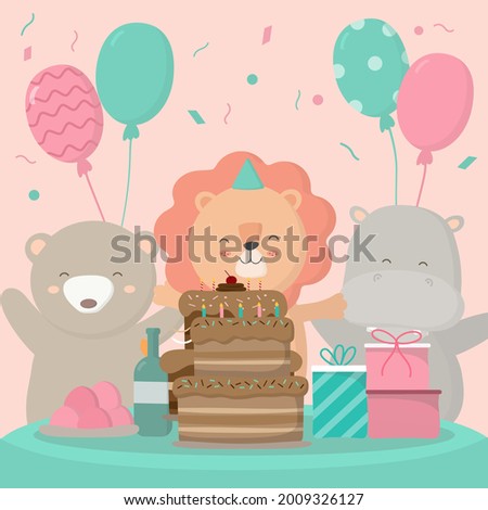 Lion, bear and hippo has birthday party at home. Birthday party decoration with balloon and shoot colorful confetti. Party has food, drink and cake