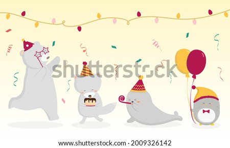 Animal birthday party preparation together. bear, fox, seal, penguin They decorated the venue with many lights and balloon. Celebration Cartoon vector illustration in flat style 