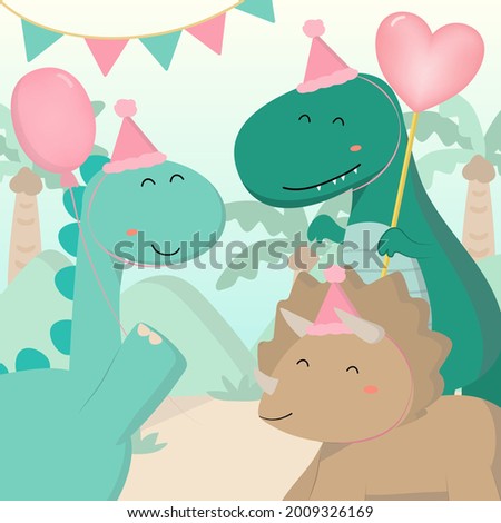 A crowd of dinosaurs held a birthday party. They decorated the forest with flags and balloons decorated the trees.  Cartoon vector illustration in flat style 