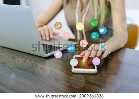Smartphone screen notification icons digital online social media. connection application multimedia network mobile. people hand touch smartphone screen.