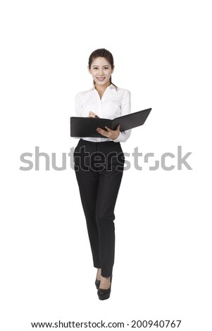	Businesswoman holding a pen and a portfolio	