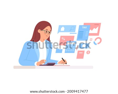 Young accountant calculating invoice with calculator at workplace. Vector illustration Royalty-Free Stock Photo #2009417477