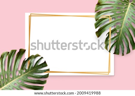 Stylish stock photo. Feminine wedding desktop stationery mockup with blank greeting card Monstera flower
