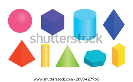Colored gradient volumetric geometric shapes. Different simple basic 3d figure. Isometric views sphere, cube, cylinder, hexagonal prism and other regular forms. Isolated on white vector illustration Royalty-Free Stock Photo #2009427965