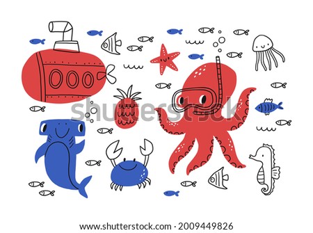 Cute cartoon octopus fish, bathyscaphe, crab, ship, star, hammerhead shark, sea horse,   sea life - vector illustration for kids. 