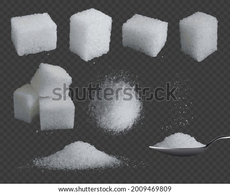Realistic sugar. 3d glucose in cubes and powder. White grain sugar in spoon, pile top and side views. Sweet fructose seasoning vector set. Sweet sugar cube, ingredient refined illustration Royalty-Free Stock Photo #2009469809
