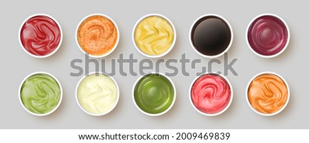 Dip sauces top view. Bowls with mayonnaise, tomato ketchup, mustard, pesto, curry and guacamole. Realistic spicy seasoning sauce vector set. Illustration dip sauce, spice and white Royalty-Free Stock Photo #2009469839