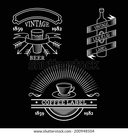 Vector vintage labels isolated on black, retro beverages labels - beer glass, wine bottle, tea or coffee cup with place for text ribbons