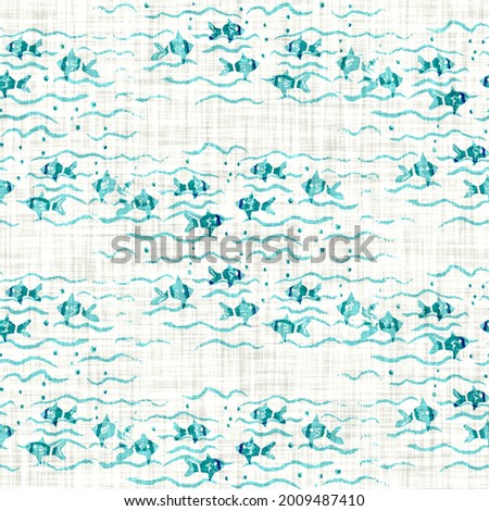 Aegean teal shoal of fish linen nautical texture background. Summer coastal living style swatches. Under the sea life  swimming fishes material.  2 tone blue dyed textile seamless pattern.
