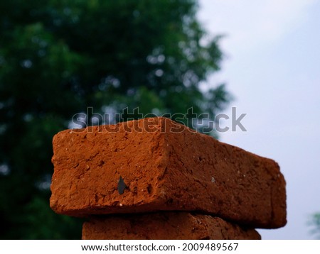 Construction brick in red color industrial material presented isolated on green natural blur background.
