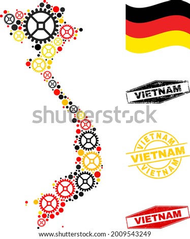 Repair service Vietnam map mosaic and seals. Vector collage is designed of cog icons in variable sizes, and Germany flag official colors - red, yellow, black.