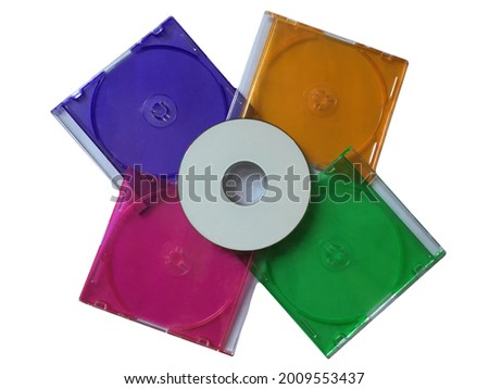 CD-ROM or DVD disks with colorful plastic case or box isolated on white background