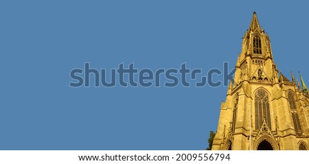 Banner with Memorial Church of the Protestation in Speyer, Germany, at blue sky solid background and copy space