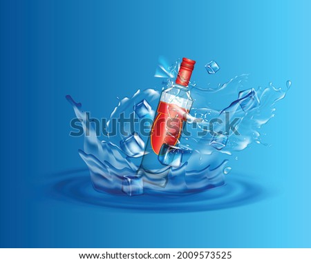 Alcohol Vodka in ice of water wave and splashing. Realistic glass bottle vodka with ice of water splashing. Alcohol and ice water wave combination clip art vector.