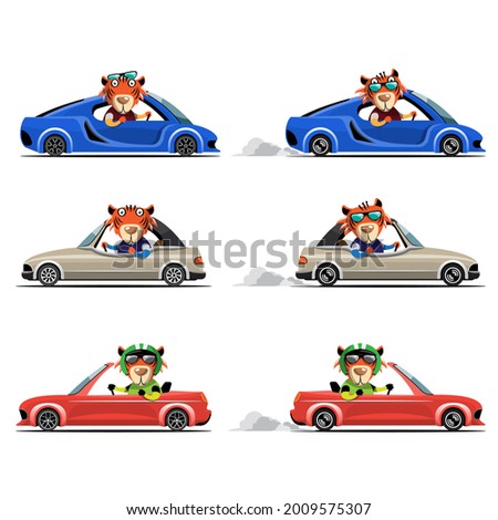 Cartoon cute animal drive car on the road. Animal driver, pets vehicle and tiger happy in car. Cartoon style hand drawn for printing, card, t shirt, banner, product vector illustration