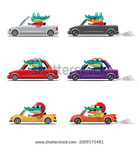 Cartoon cute animal drive car on the road. Animal driver, pets vehicle and crocodile, alligator happy in car. Cartoon style hand drawn for printing, card, t shirt, banner, product vector