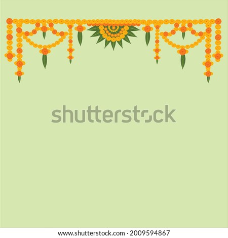 Welcome floral decoration hanging marigold flowers in yellow and orange color with mango leaves on light green color background. Royalty-Free Stock Photo #2009594867