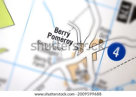 Berry Pomeroy village - Devon, United Kingdom colour atlas map town plan and district, village, town and county name
